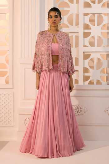 Buy_Aneesh Agarwaal_Pink Chiffon, Crinkle Embroidery, Sequins Nayantara Floral Cape Lehenga Set _at_Aza_Fashions