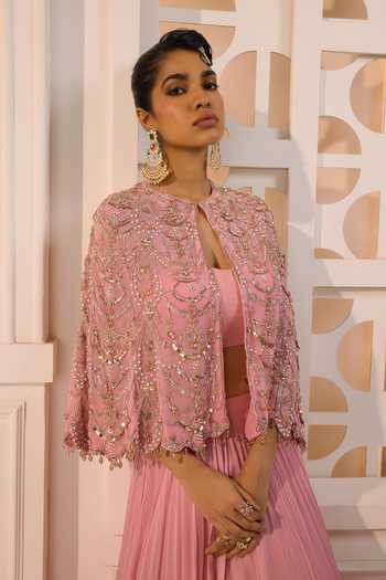 Shop_Aneesh Agarwaal_Pink Chiffon, Crinkle Embroidery, Sequins Nayantara Floral Cape Lehenga Set _Online_at_Aza_Fashions