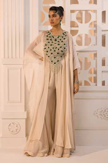 Buy_Aneesh Agarwaal_Ivory Organza Round , Bandeau The Surkh Embellished Cape And Sharara Set _at_Aza_Fashions