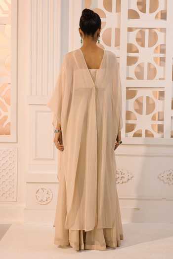 Shop_Aneesh Agarwaal_Ivory Organza Round , Bandeau The Surkh Embellished Cape And Sharara Set _at_Aza_Fashions