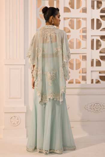 Shop_Aneesh Agarwaal_Blue Organza, Chiffon Embroidery, Sequins Meher Floral Cape Sharara Set _at_Aza_Fashions