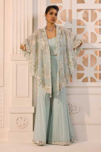 Buy_Aneesh Agarwaal_Blue Organza, Chiffon Embroidery, Sequins Meher Floral Cape Sharara Set _at_Aza_Fashions