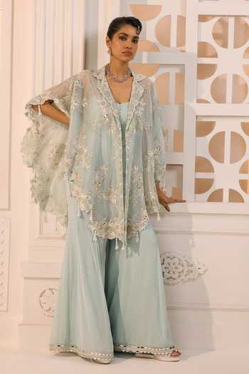 Aneesh Agarwaal_Blue Organza, Chiffon Embroidery, Sequins Meher Floral Cape Sharara Set _Online