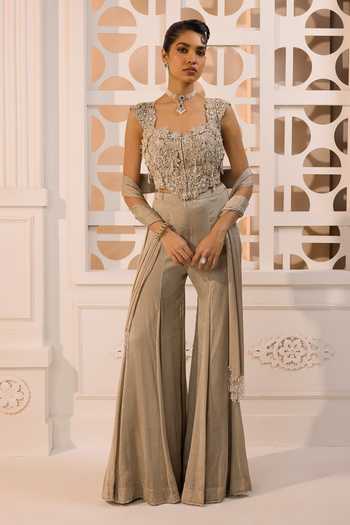 Buy_Aneesh Agarwaal_Grey Organza, Silk, Tissue Embroidery, Sequins, Inara Floral Corset Sharara Set _at_Aza_Fashions