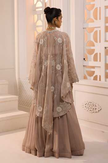 Shop_Aneesh Agarwaal_Pink Organza, Chiffon Square Neck Layla Floral Embroidered Cape Set _at_Aza_Fashions