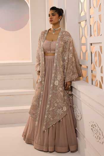 Aneesh Agarwaal_Pink Organza, Chiffon Square Neck Layla Floral Embroidered Cape Set _at_Aza_Fashions