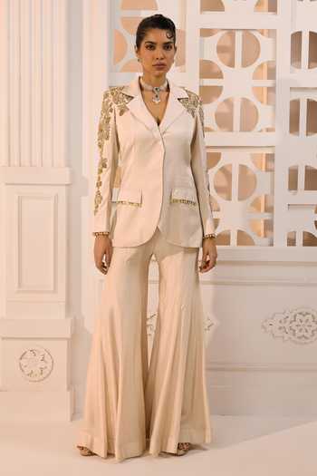 Shop_Aneesh Agarwaal_Ivory Silk Zari Aurelia Placement Embroidered Blazer And Trouser Set _Online_at_Aza_Fashions