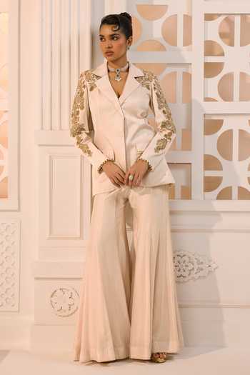 Buy_Aneesh Agarwaal_Ivory Silk Zari Aurelia Placement Embroidered Blazer And Trouser Set _at_Aza_Fashions