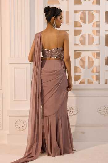 Shop_Aneesh Agarwaal_Purple Organza, Chiffon Ezra Ruffle Pre-draped Saree With Embroidered Blouse _at_Aza_Fashions