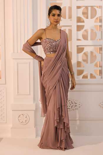 Aneesh Agarwaal_Purple Organza, Chiffon Ezra Ruffle Pre-draped Saree With Embroidered Blouse _Online_at_Aza_Fashions