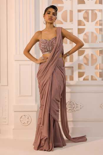 Buy_Aneesh Agarwaal_Purple Organza, Chiffon Ezra Ruffle Pre-draped Saree With Embroidered Blouse _at_Aza_Fashions