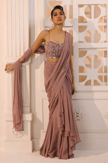 Buy_Aneesh Agarwaal_Purple Organza, Chiffon Ezra Ruffle Pre-draped Saree With Embroidered Blouse _Online_at_Aza_Fashions