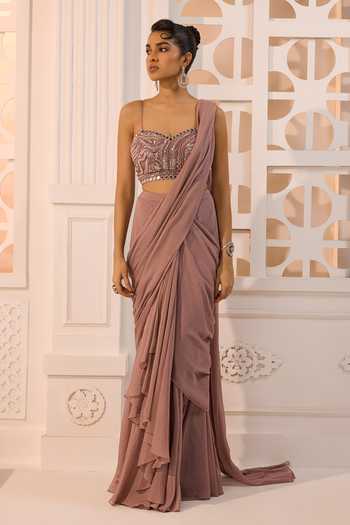 Shop_Aneesh Agarwaal_Purple Organza, Chiffon Ezra Ruffle Pre-draped Saree With Embroidered Blouse _Online_at_Aza_Fashions