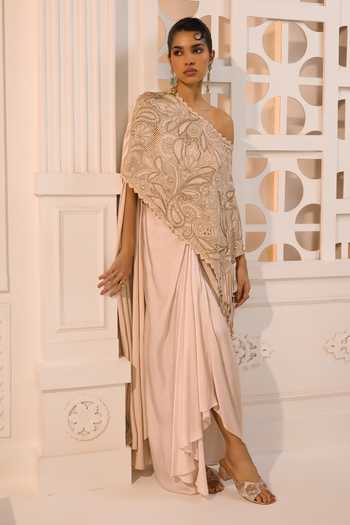 Buy_Aneesh Agarwaal_Ivory Organza, Satin Nora Embroidered Cape And Skirt Set _at_Aza_Fashions