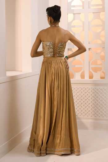 Shop_Aneesh Agarwaal_Gold Organza, Silk, Tissue Sequins, The Shaheen Embellished Corset And Skirt Set _at_Aza_Fashions