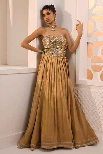 Buy_Aneesh Agarwaal_Gold Organza, Silk, Tissue Sequins, The Shaheen Embellished Corset And Skirt Set _at_Aza_Fashions