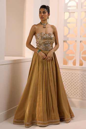Aneesh Agarwaal_Gold Organza, Silk, Tissue Sequins, The Shaheen Embellished Corset And Skirt Set _Online_at_Aza_Fashions