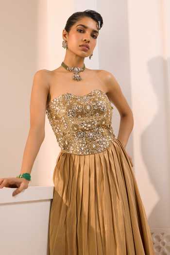 Buy_Aneesh Agarwaal_Gold Organza, Silk, Tissue Sequins, The Shaheen Embellished Corset And Skirt Set _Online_at_Aza_Fashions