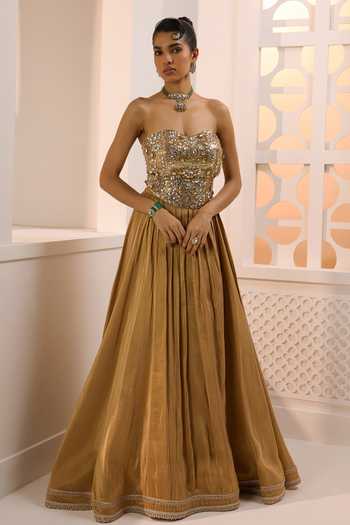 Shop_Aneesh Agarwaal_Gold Organza, Silk, Tissue Sequins, The Shaheen Embellished Corset And Skirt Set _Online_at_Aza_Fashions