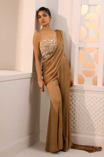 Aneesh Agarwaal_Brown Organza, Satin, Chiffon, Crinkle Zena Pre-draped Pant Saree With Blouse _Online_at_Aza_Fashions