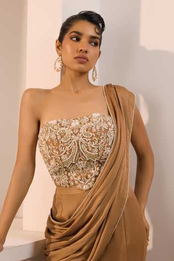Buy_Aneesh Agarwaal_Brown Organza, Satin, Chiffon, Crinkle Zena Pre-draped Pant Saree With Blouse _Online_at_Aza_Fashions