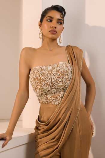 Shop_Aneesh Agarwaal_Brown Organza, Satin, Chiffon, Crinkle Zena Pre-draped Pant Saree With Blouse _Online_at_Aza_Fashions