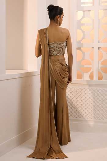 Shop_Aneesh Agarwaal_Brown Organza, Satin, Chiffon, Crinkle Zena Pre-draped Pant Saree With Blouse _at_Aza_Fashions