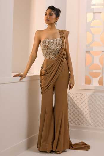 Buy_Aneesh Agarwaal_Brown Organza, Satin, Chiffon, Crinkle Zena Pre-draped Pant Saree With Blouse _at_Aza_Fashions