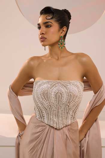 Aneesh Agarwaal_Ivory Organza, Satin Beads, Pearls, Stones Amara Embellished Corset Skirt Set _at_Aza_Fashions