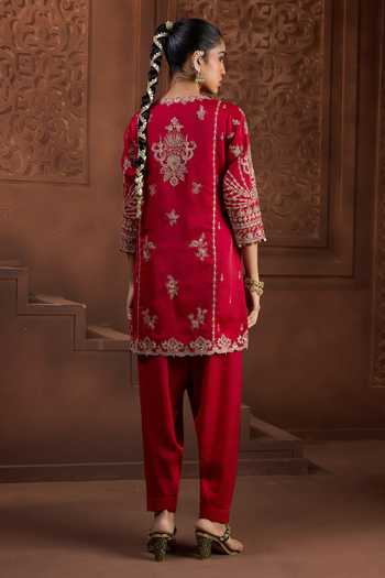 Shop_Aneesh Agarwaal_Red Silk Embroidery, Zari Round Neck Padma Jyoti Kurta And Salwar Set _at_Aza_Fashions