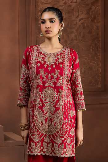 Aneesh Agarwaal_Red Silk Embroidery, Zari Round Neck Padma Jyoti Kurta And Salwar Set _at_Aza_Fashions