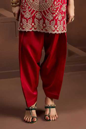 Aneesh Agarwaal_Red , Organza Embroidery, Zari Round Neck Padma Jyoti Floral Kurta Set _Online_at_Aza_Fashions