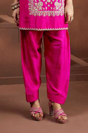 Aneesh Agarwaal_Fuchsia Silk Zari, Stones V-neck Maya Darpan Embroidered Kurta And Salwar Set _Online_at_Aza_Fashions