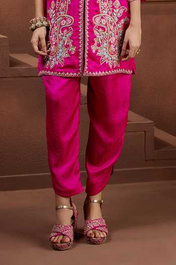 Aneesh Agarwaal_Pink Silk Embroidery, Zari V-neck Kanak Prabha Tunic And Trouser Set _Online_at_Aza_Fashions