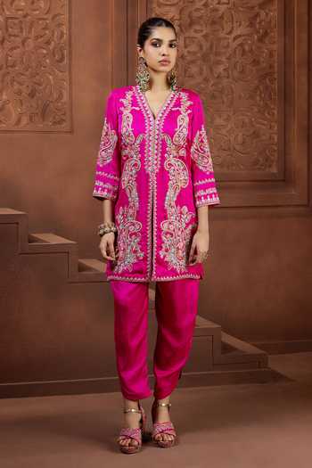 Shop_Aneesh Agarwaal_Pink Silk Embroidery, Zari V-neck Kanak Prabha Tunic And Trouser Set _at_Aza_Fashions