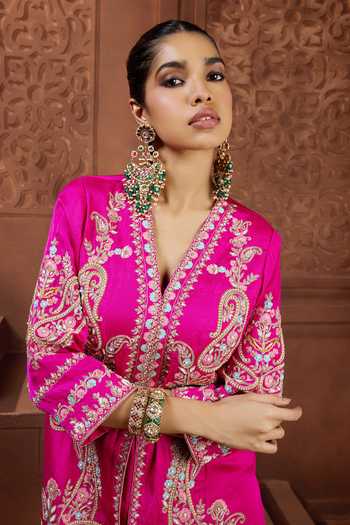 Buy_Aneesh Agarwaal_Pink Silk Embroidery, Zari V-neck Kanak Prabha Tunic And Trouser Set _Online_at_Aza_Fashions