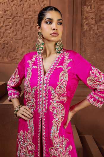 Shop_Aneesh Agarwaal_Pink Silk Embroidery, Zari V-neck Kanak Prabha Tunic And Trouser Set _Online_at_Aza_Fashions