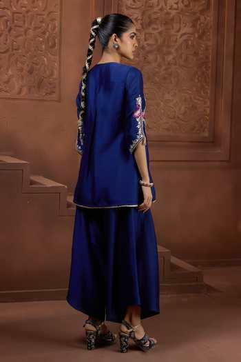 Shop_Aneesh Agarwaal_Blue Silk Embroidery Round Neck Neel Kamal Kurta And Pant Set _at_Aza_Fashions