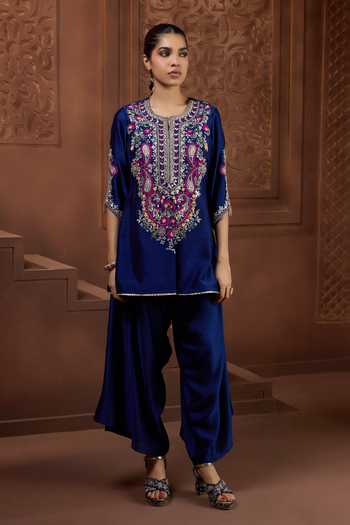 Buy_Aneesh Agarwaal_Blue Silk Embroidery Round Neck Neel Kamal Kurta And Pant Set _Online_at_Aza_Fashions