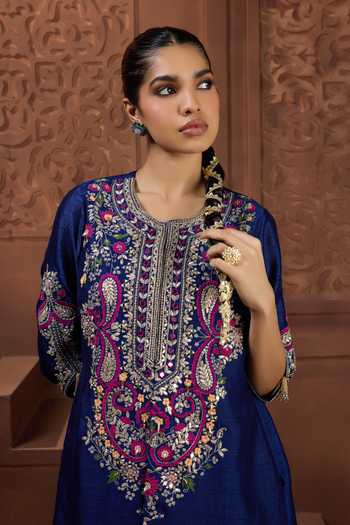 Shop_Aneesh Agarwaal_Blue Silk Embroidery Round Neck Neel Kamal Kurta And Pant Set _Online_at_Aza_Fashions