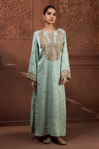 Shop_Aneesh Agarwaal_Blue Silk Embroidery, Zari Round Neck Sagarika Kurta _at_Aza_Fashions