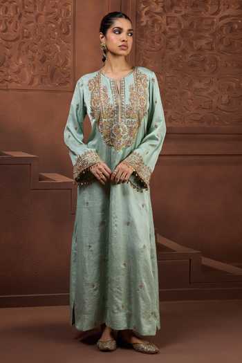 Buy_Aneesh Agarwaal_Blue Silk Embroidery, Zari Round Neck Sagarika Kurta _at_Aza_Fashions