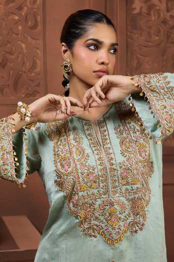 Aneesh Agarwaal_Blue Silk Embroidery, Zari Round Neck Sagarika Kurta _Online_at_Aza_Fashions