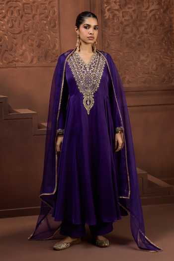 Shop_Aneesh Agarwaal_Purple Silk Zari V-neck Noor Yoke Embroidered Anarkali And Pant Set _at_Aza_Fashions