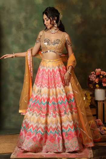 Buy_Archana Kochhar_Multi Color Silk, Net Mirrors, Sheesh Peacock Embroidered Raw Lehenga Set _at_Aza_Fashions