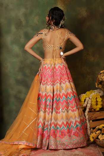 Shop_Archana Kochhar_Multi Color Silk, Net Mirrors, Sheesh Peacock Embroidered Raw Lehenga Set _at_Aza_Fashions