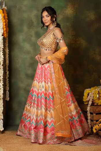 Archana Kochhar_Multi Color Silk, Net Mirrors, Sheesh Peacock Embroidered Raw Lehenga Set _Online_at_Aza_Fashions