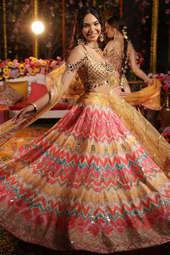 Shop_Archana Kochhar_Multi Color Silk, Net Mirrors, Sheesh Peacock Embroidered Raw Lehenga Set _Online_at_Aza_Fashions