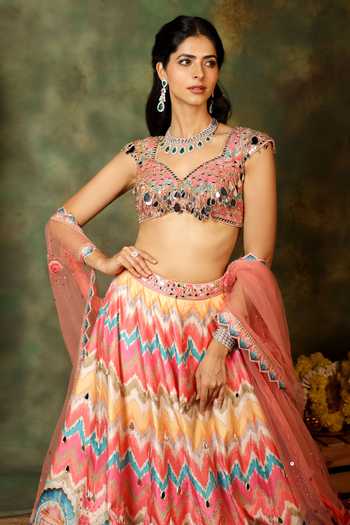 Archana Kochhar_Multi Color Silk, Net Sequins, Pearls, Mirrors, Gota Sheesh Print Lehenga Set _Online_at_Aza_Fashions