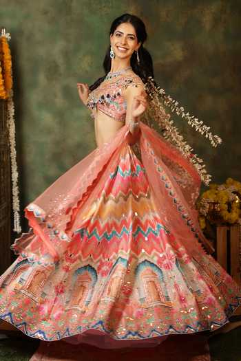 Buy_Archana Kochhar_Multi Color Silk, Net Sequins, Pearls, Mirrors, Gota Sheesh Print Lehenga Set _Online_at_Aza_Fashions